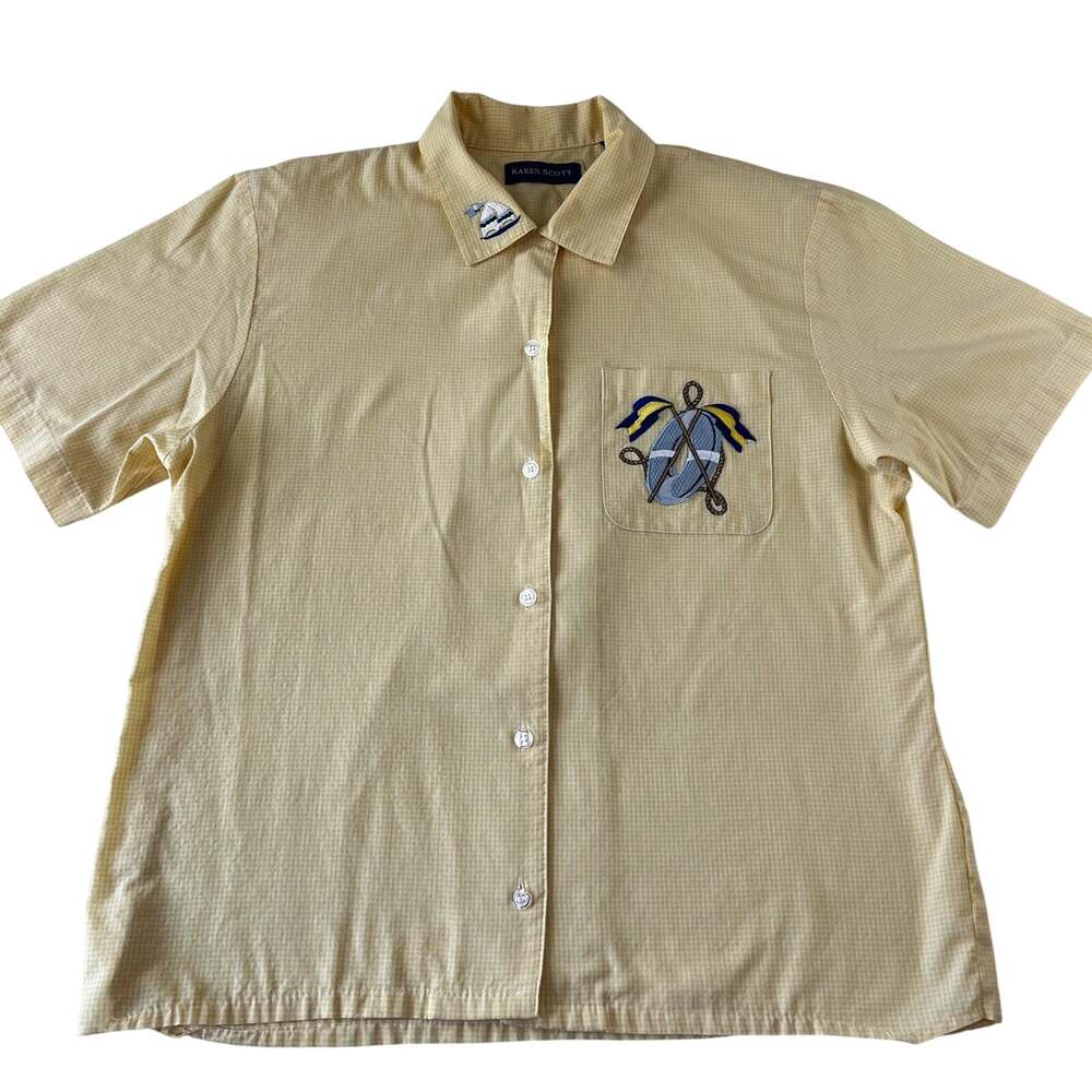 Karen Scott Yellow Button Down Blouse Shirt Embroidered Boat Nautical Size Small